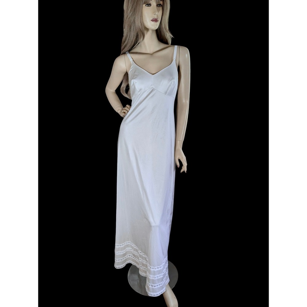 Vintage 80s Long White Nylon Slip Dress Size Med | Bridal Lace Trim‎ Maxi Slip